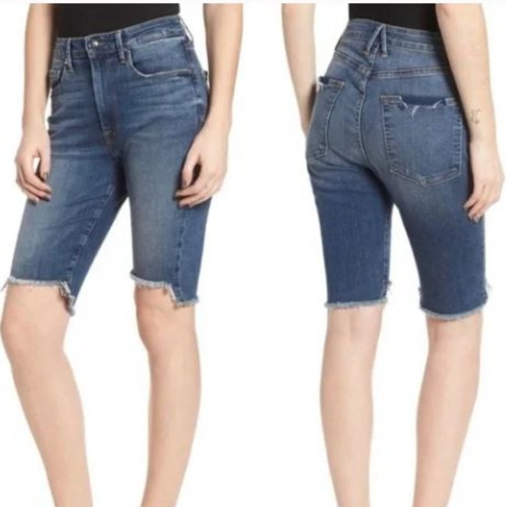 GOOD AMERICAN Women's Blue Denim Step Hem Jean Casual Bermuda Shorts Size 2 26